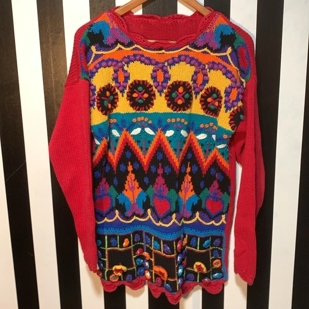 Vintage 90s 3D Knit & Crochet Floral & Hearts Fun Sweater Woman’s Large XL - Picture 17 of 17